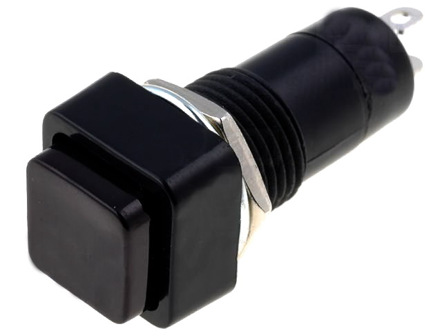 Push-buton, monostabil, patrat negru, OFF-(ON), orificiu montare 12mm, S12BBK