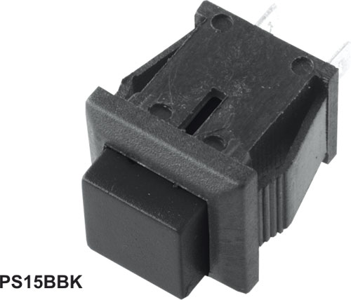 Push-buton, monostabil, patrat, negru, OFF-(ON), 1A, 2 pini, orificiu montare 13x11mm, PS15BBK