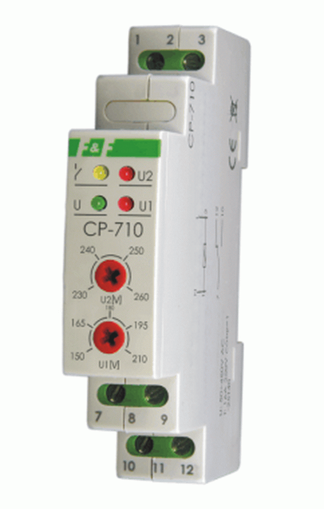 Releu de protectie tensiune, monofazat, minim, maxim, timp de revenire, 50-450VAC, 16A, AC1, CP-710