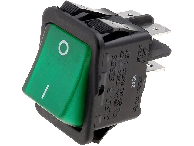 Intrerupator basculant, Verde, ON-OFF, 16A, 4 pini, DPST, iluminat, orificiu montare 30.2x22mm, R2101C5GBG9NWC