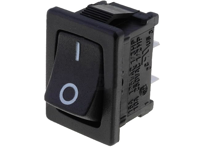 Comutator basculant, OFF-(ON), 10A, 2 pini, SPST, orificiu montare 19.4x13mm, RS1366FBB3