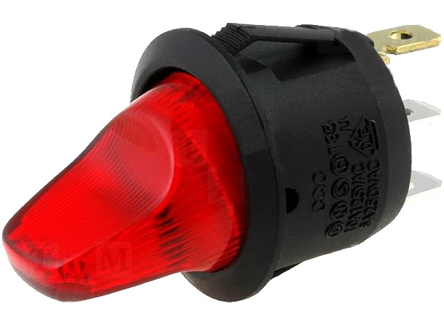 Intrerupator basculant, ON-OFF, 10A/250V, 20A/12V, 3 pini, SPST, orificiu montare Ø20.2mm, R13-112BP-02BRN2