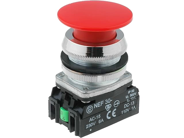 Intrerupator cap ciuperca, siguranta, rosu, monostabil, NC+NO, orificiu montare Ø30.5mm, NEF30-DCXY, PROMET