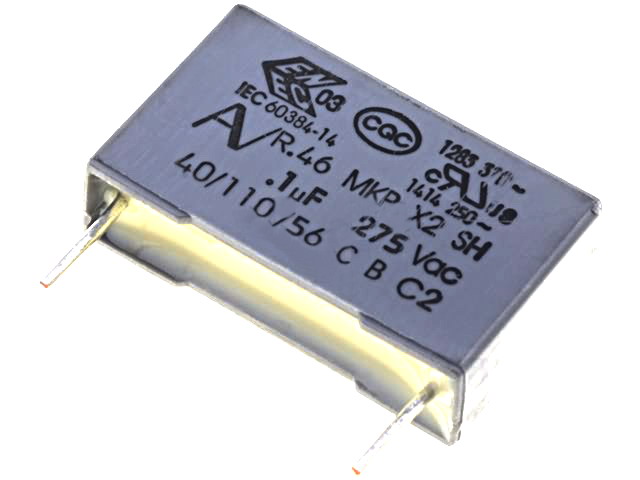 100nF/275VAC, condensator, X2, RM15, R46KI310000M1K, KEMET