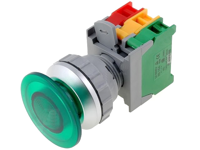 Buton ciuperca, actionat prin apasare; 1 pozitie; NC+NO, verde, orificiu montare Ø30mm, LXE30-1-O/C-G
