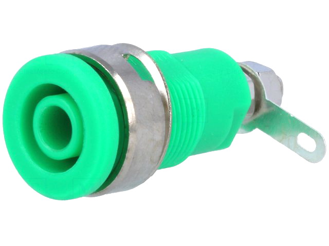 Soclu banana 4mm; verde; 32A; 1kV; panou, 1000V CAT III