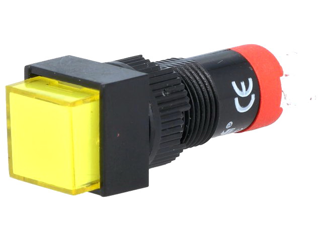 Push buton, patrat, 1 pozitie, ON-(ON), SPDT, IP40, GALBEN, orificiu montare Ø10mm, V10F-11-Y