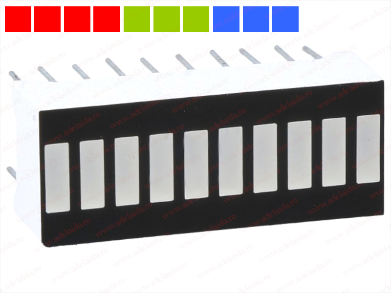 Bargraph cu LED-URI, 10 segmente, 4x rosu, 3x verde, 3x albastru, OSX10201-RGB1, OPTOSUPPLY