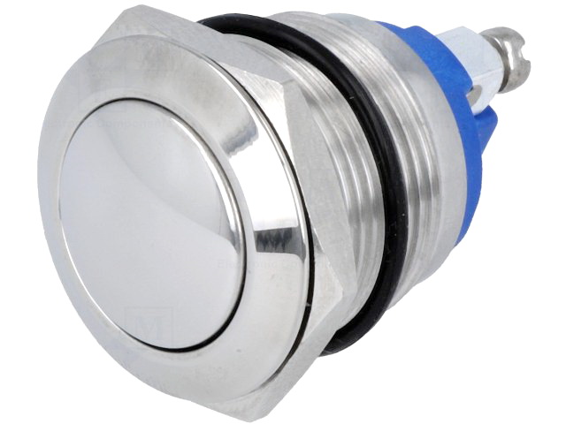 Buton antivandal, OFF-(ON), 19mm, IP65, argintiu, SPST-NO, M19, orificiu montare Ø19.2mm, V19-10-S