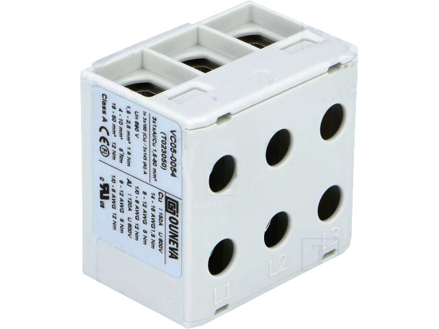 Conector sina, 480A, 690V, 1.5-50mm2, 3 pista, 6 borne, alb, T023050, OUNEVA