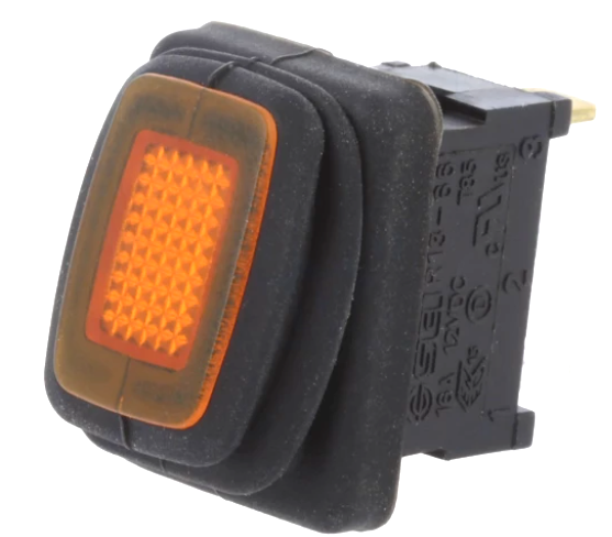 Intrerupator basculant, OFF-ON, 16A, 12VDC, led, IP65, portocaliu, 3 pini, orificiu montare 19.8x13mm, R1366B802Y